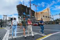 Construction continues on the Hard Rock Hotel guitar tower Tuesday, October 14, 2025, in Las Ve ...