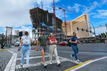 Construction continues on the Hard Rock Hotel guitar tower Tuesday, October 14, 2025, in Las Ve ...