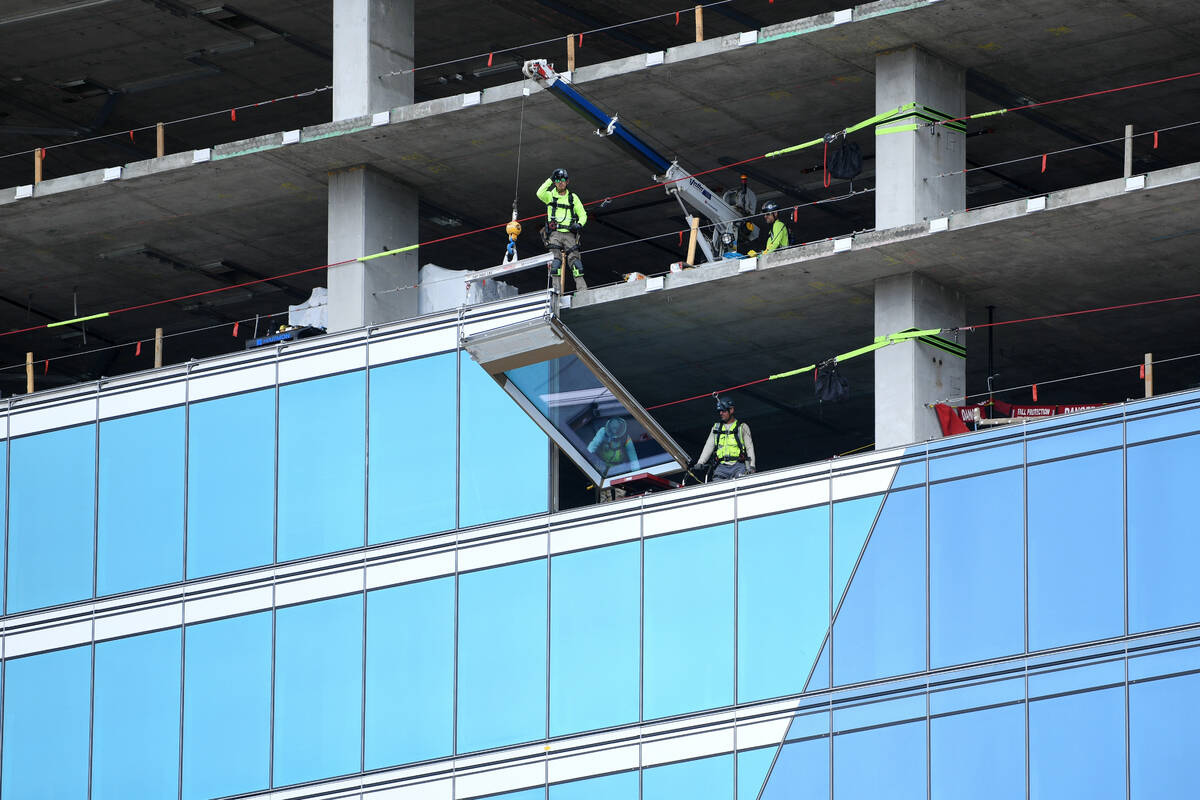 Construction continues on the Hard Rock Hotel guitar tower Tuesday, October 14, 2025, in Las Ve ...