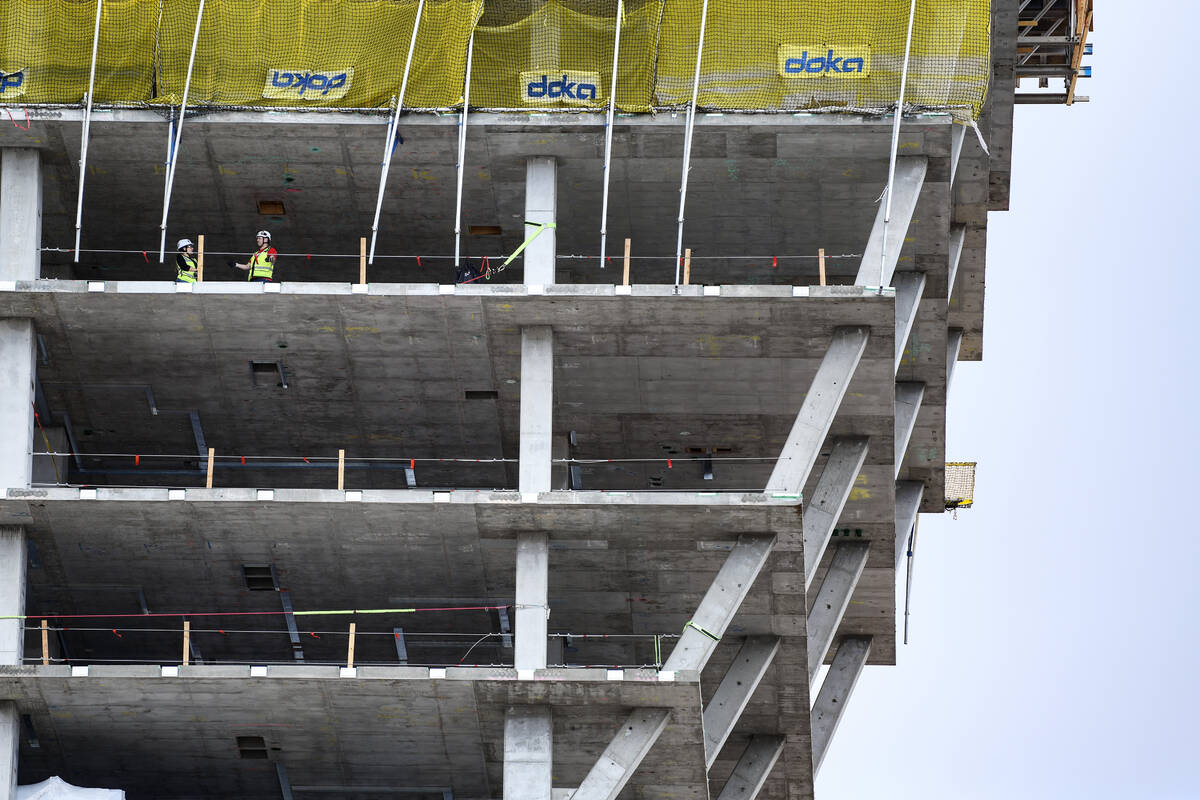 Construction continues on the Hard Rock Hotel guitar tower Tuesday, October 14, 2025, in Las Ve ...