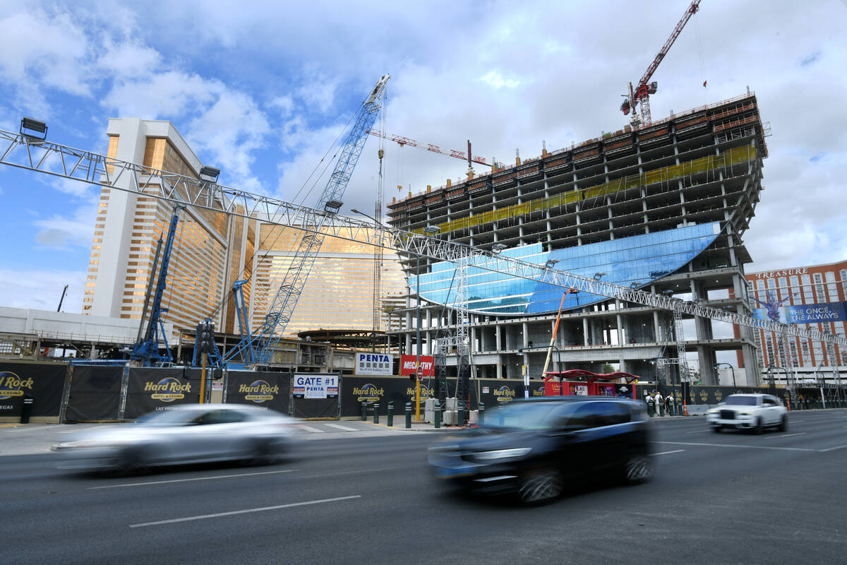Construction continues on the Hard Rock Hotel guitar tower Tuesday, October 14, 2025, in Las Ve ...