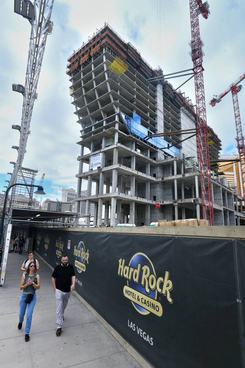 Construction continues on the Hard Rock Hotel guitar tower Tuesday, October 14, 2025, in Las Ve ...