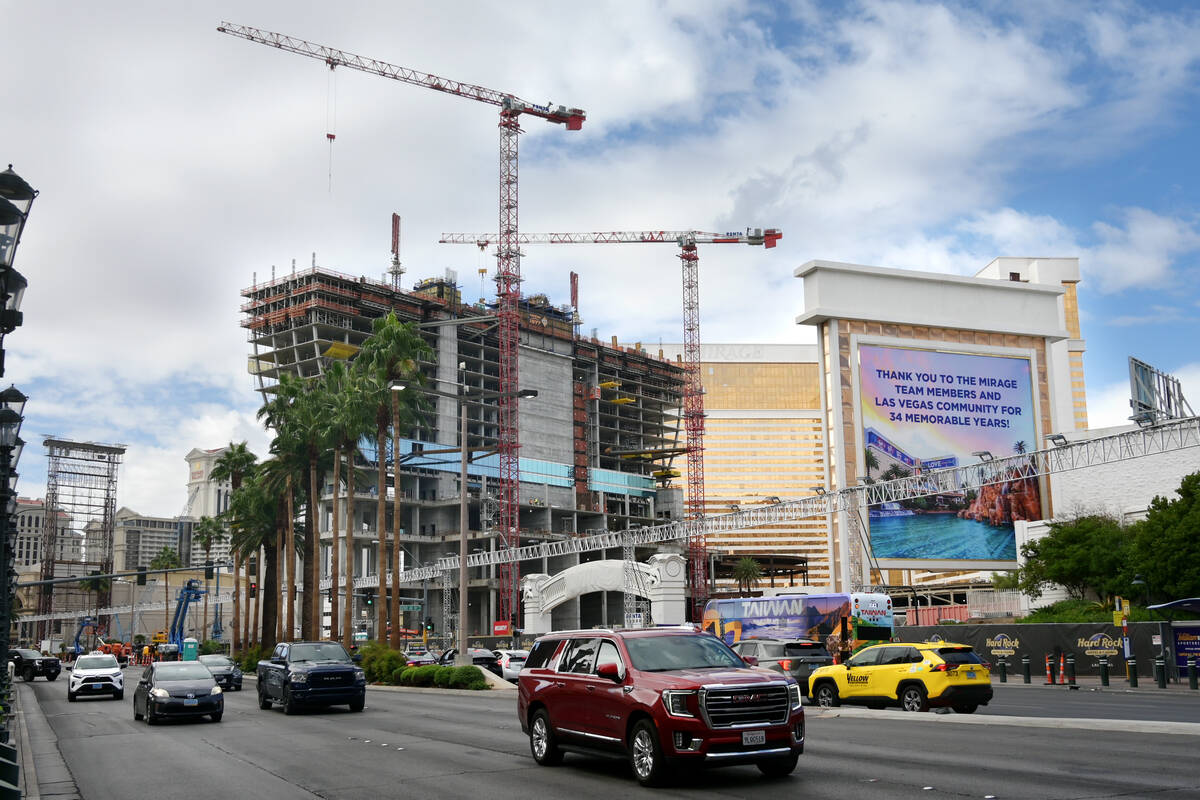 Construction continues on the Hard Rock Hotel guitar tower Tuesday, October 14, 2025, in Las Ve ...