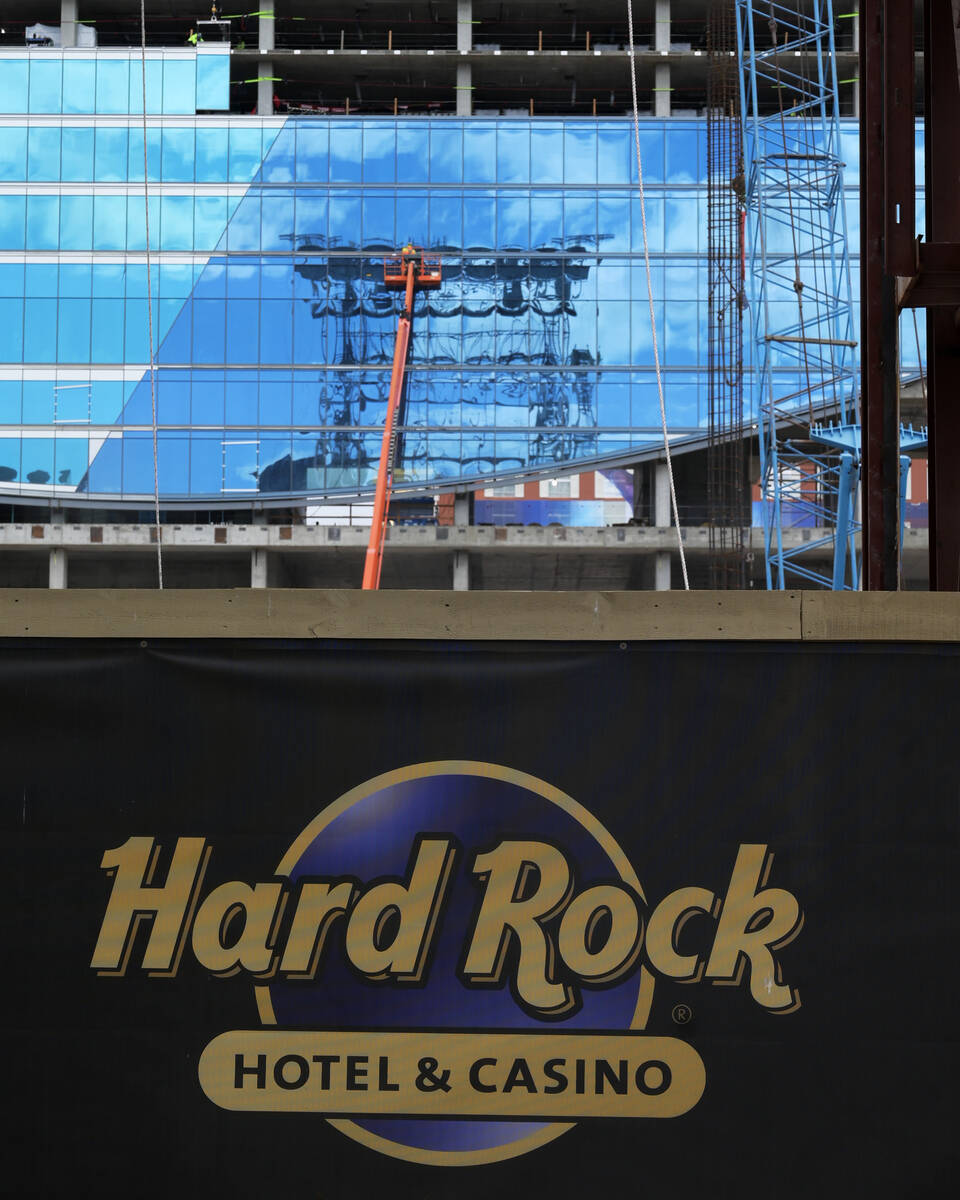 Construction continues on the Hard Rock Hotel guitar tower Tuesday, October 14, 2025, in Las Ve ...