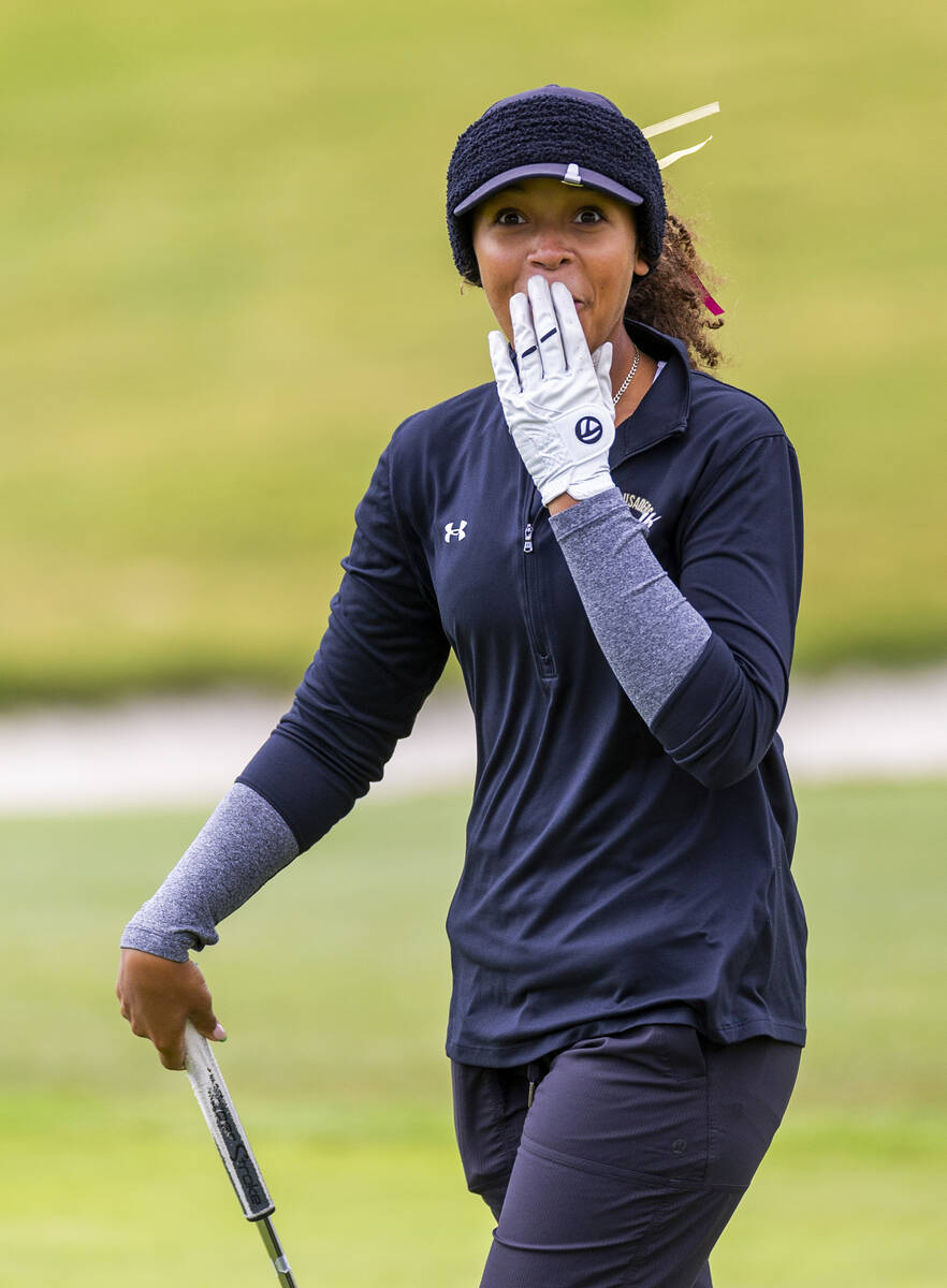 Faith Lutheran's Macy Garth is surprised with a long putt during the 5A girls golf state t ...