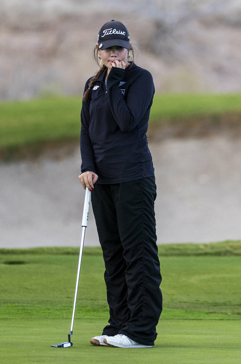 Faith Lutheran's Madison Perez is a bit dismayed after dropping a stroke during the 5A gir ...
