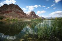 Rocky outcroppings of the Spring Mountain Range are reflected in the still waters of Lake Harri ...