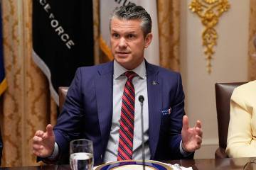 Defense Secretary Pete Hegseth speaks during a meeting with President Donald Trump and Argentin ...