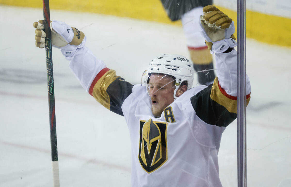 Vegas Golden Knights' Jack Eichel celebrates his goal during the third period of an NHL ho ...