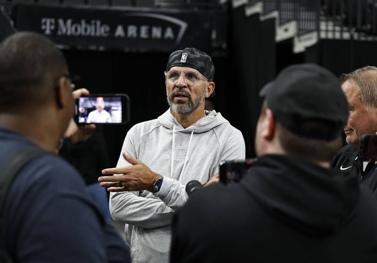 Dallas Mavericks head coach Jason Kidd addresses the media after practice at T-Mobile Arena Tue ...