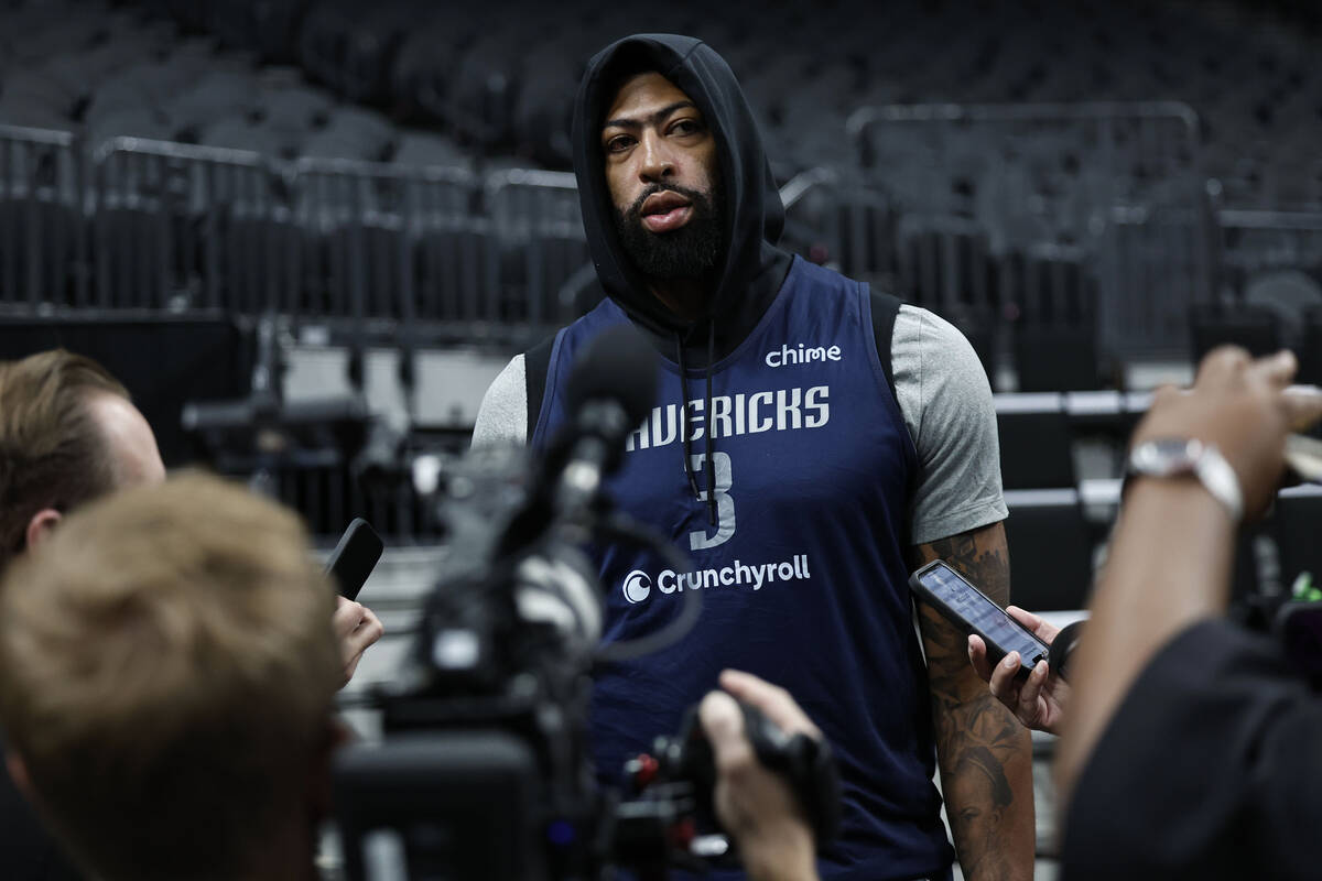 Dallas Mavericks power forward Anthony Davis addresses the media after practice at T-Mobile Are ...