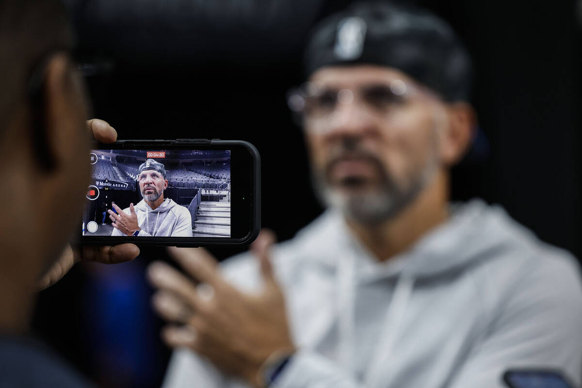Dallas Mavericks head coach Jason Kidd addresses the media after practice at T-Mobile Arena Tue ...