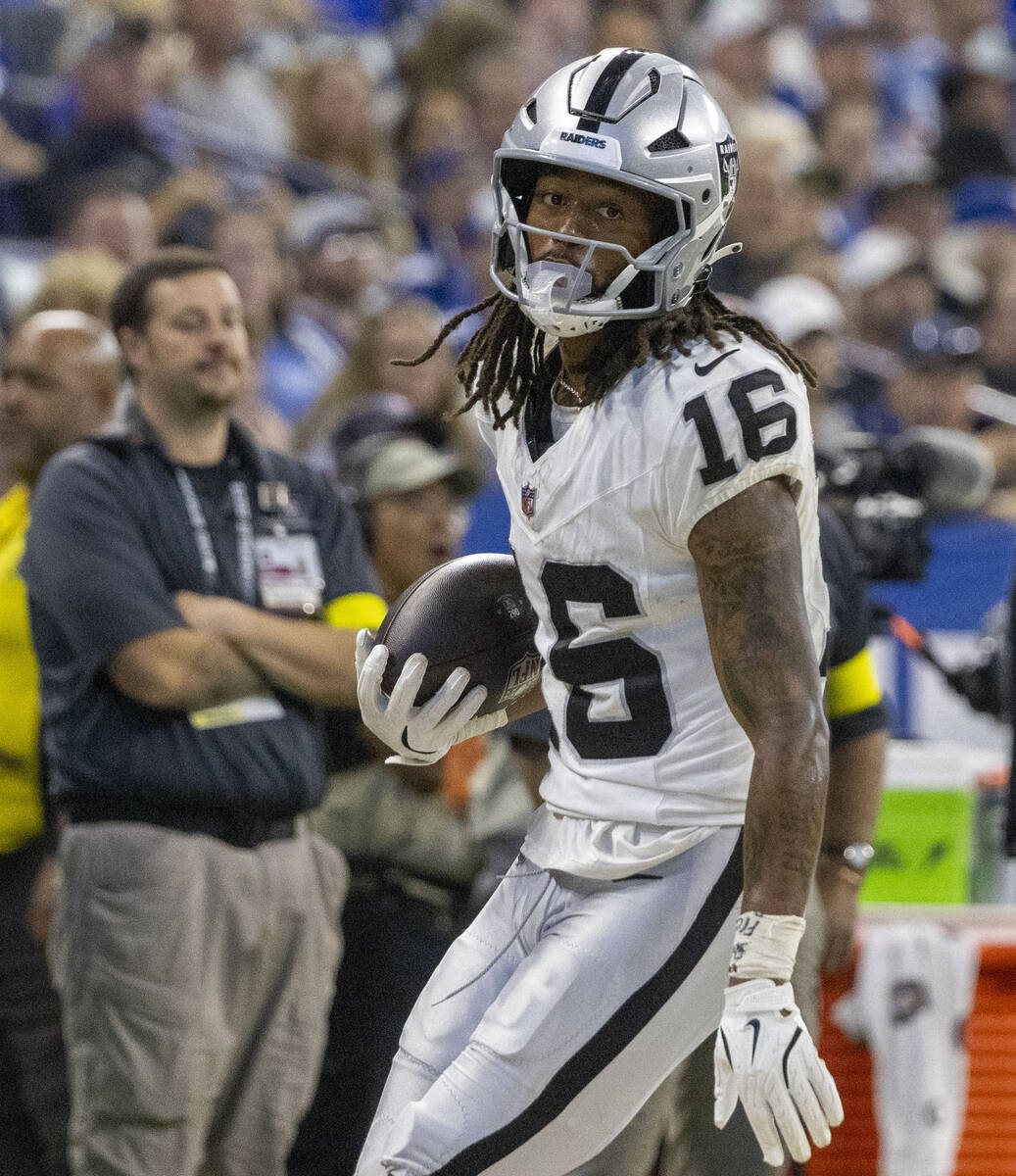 Raiders wide receiver Jakobi Meyers (16) makes a catch during the second half of an NFL game ag ...