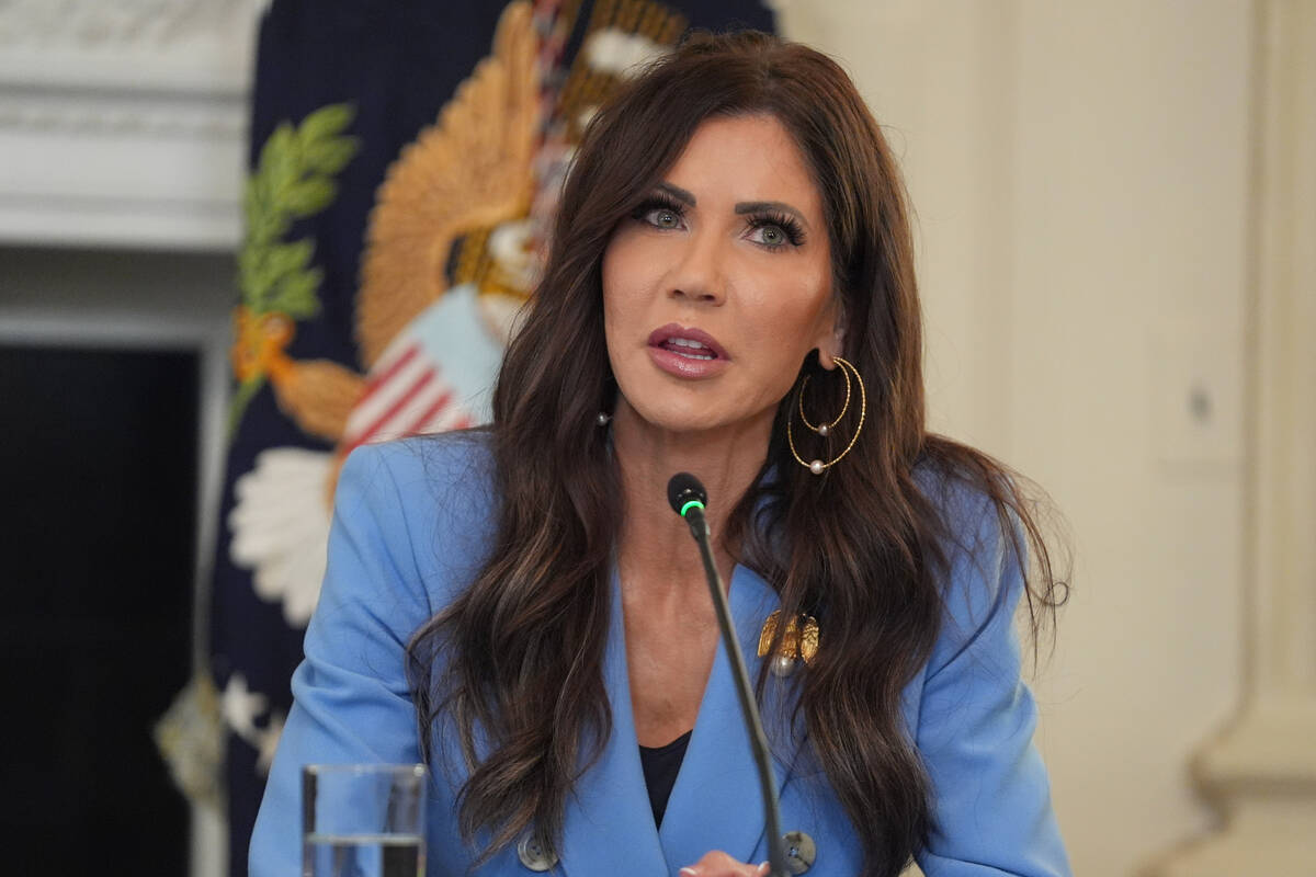 Homeland Security Secretary Kristi Noem speaks during a roundtable meeting with President Donal ...