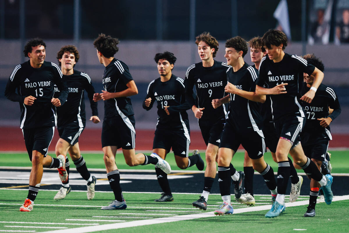 Palo Verde soccer players celebrate a goal during a high school soccer game against Coronado at ...