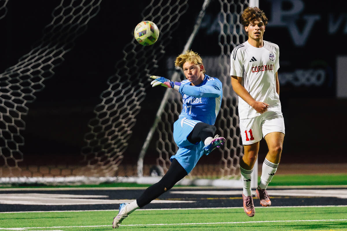 Palo Verde goal keeper Landon Blanchard kicks the ball out during a high school soccer game aga ...