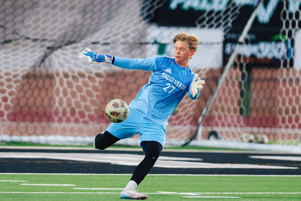 Palo Verde goal keeper Landon Blanchard kicks the ball out during a high school soccer game aga ...
