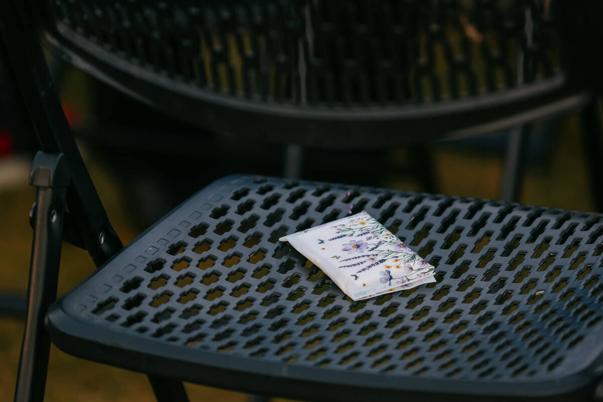 Tissues sit on a chair before a tree dedication in honor of domestic violence victims on Wednes ...