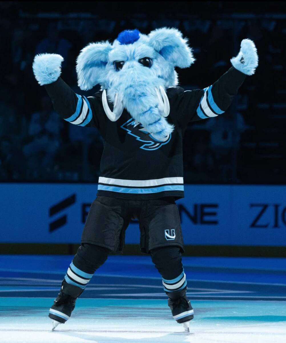 Tusky the Mascot of the Utah Mammoth is introduced prior to the game against the Calgary Flames ...