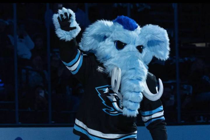 Tusky the Mascot of the Utah Mammoth is introduced prior to the game against the Calgary Flames ...
