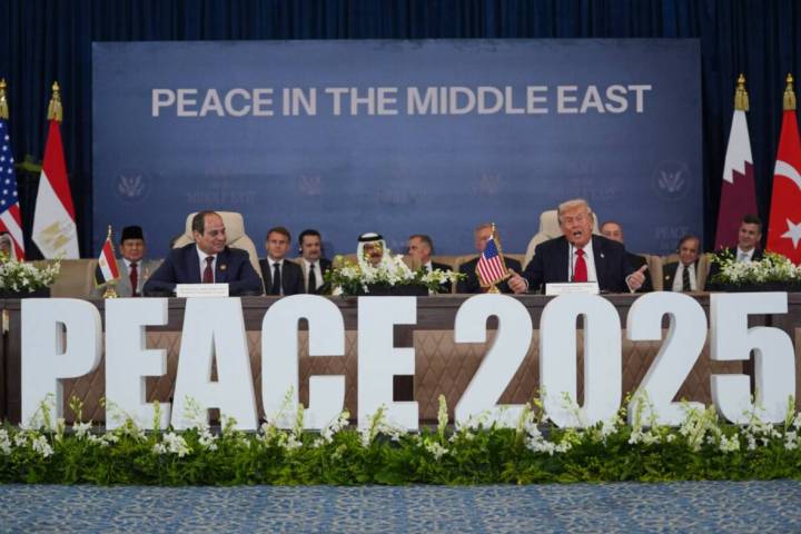 President Donald Trump speaks during a summit to support ending the more than two-year Israel-H ...