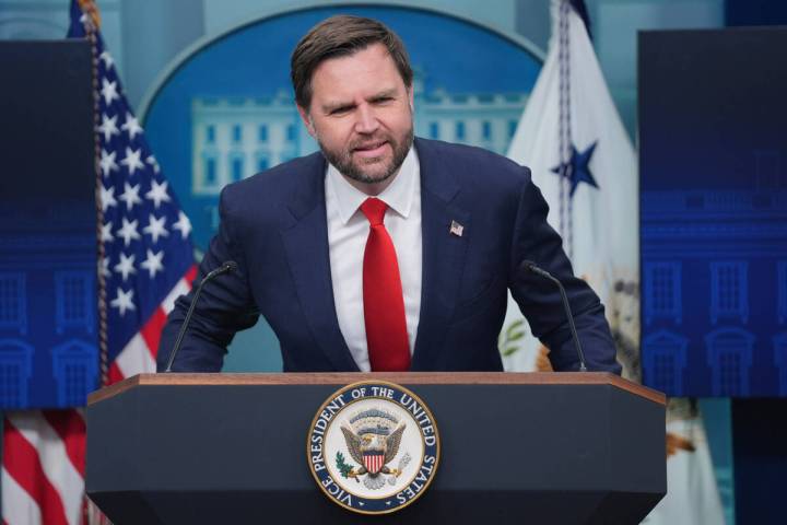 Vice President JD Vance speaking with reporters in the James Brady Press Briefing Room at the W ...