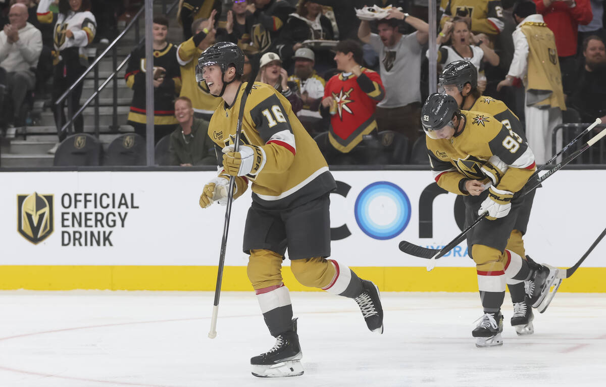 Golden Knights right wing Pavel Dorofeyev (16) reacts after his goal against the Boston Bruins ...