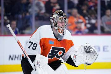 Philadelphia Flyers' Carter Hart plays during an NHL hockey game, Thursday, Oct. 19, 2023, ...