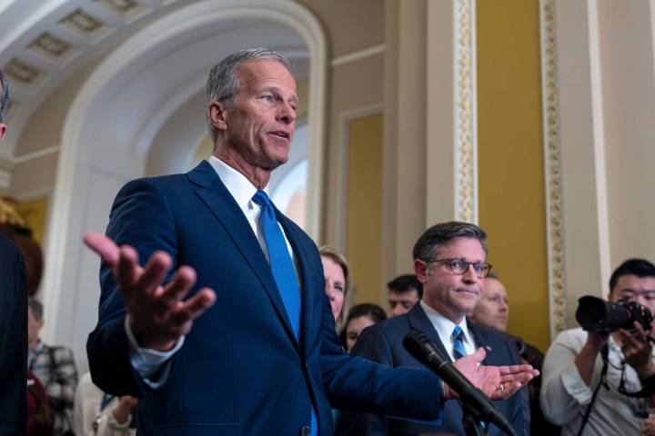 Senate Majority Leader John Thune, R-S.D., is joined by Speaker of the House Mike Johnson, R-La ...
