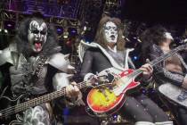 FILE - Kiss guitarist Paul Stanley, right, guitarist Ace Frehley, center, and bassist Gene Simm ...