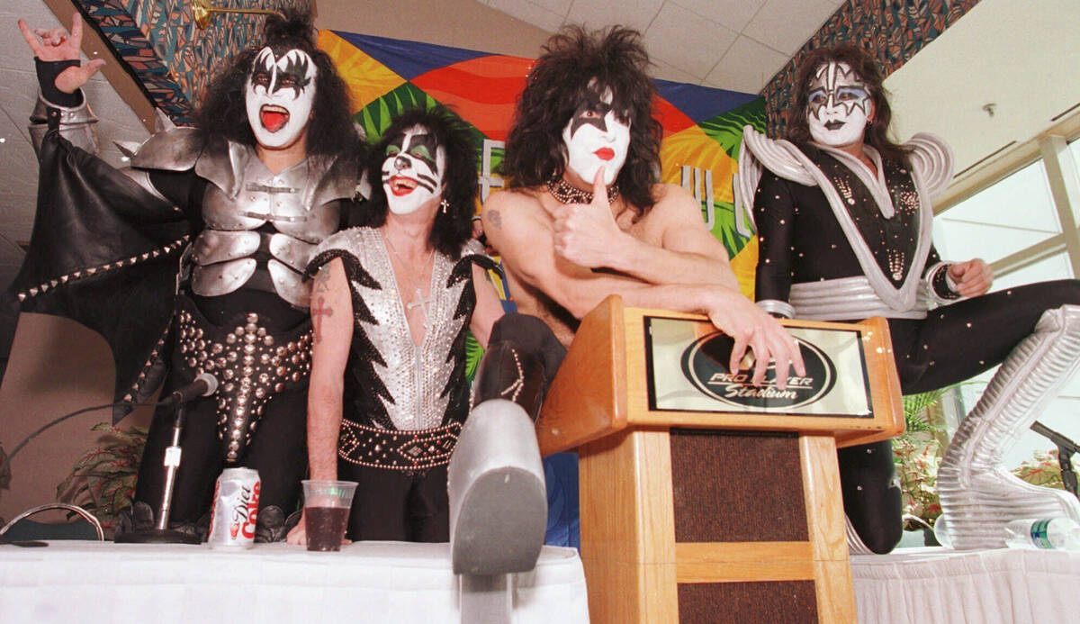 FILE - Members of the rock group Kiss, from left, Gene Simmons, Peter Criss, Paul Stanley and A ...