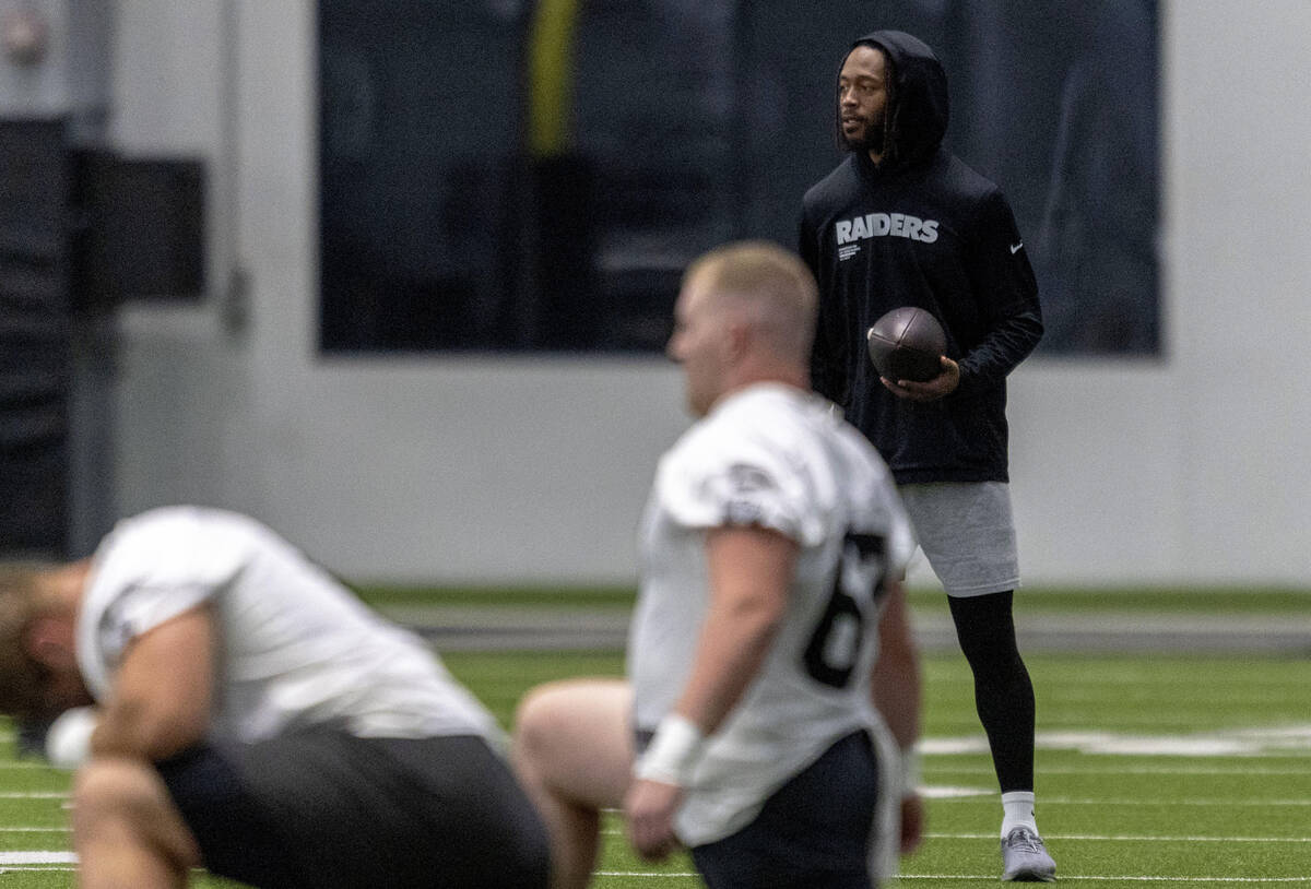 Raiders wide receiver Jakobi Meyers observes the team’s practice at the Intermountain He ...
