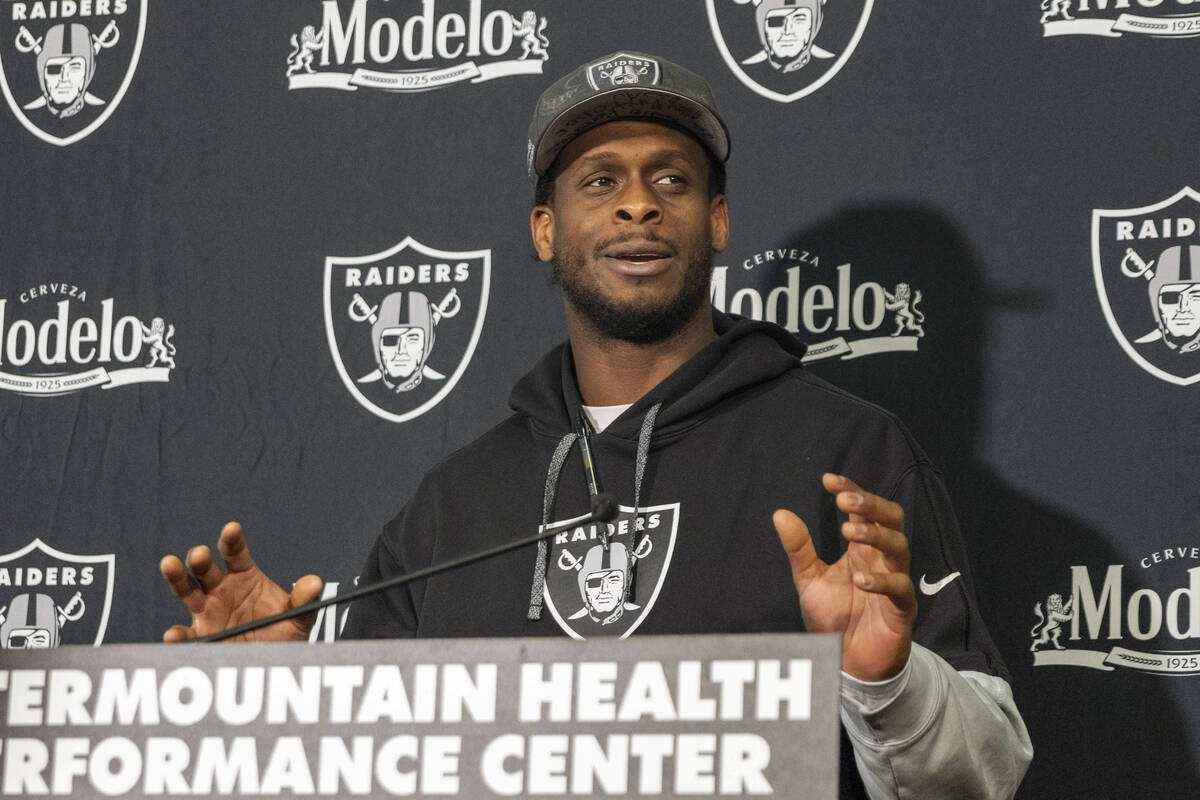 Raiders quarterback Geno Smith answers questions during a news conference at the Intermountain ...