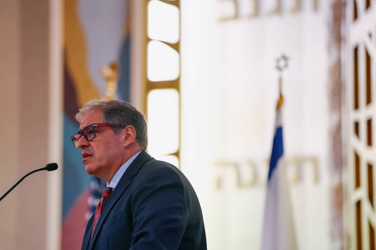 Rabbi Felipe Goodman of Temple Beth Sholom speaks during an October 7 attacks remembrance event ...