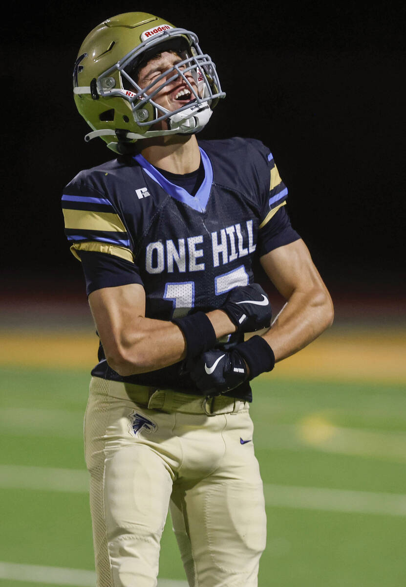 Foothill wide receiver Owen Preslan-Aldrigde (17) celebrates a big defensive stop in the second ...