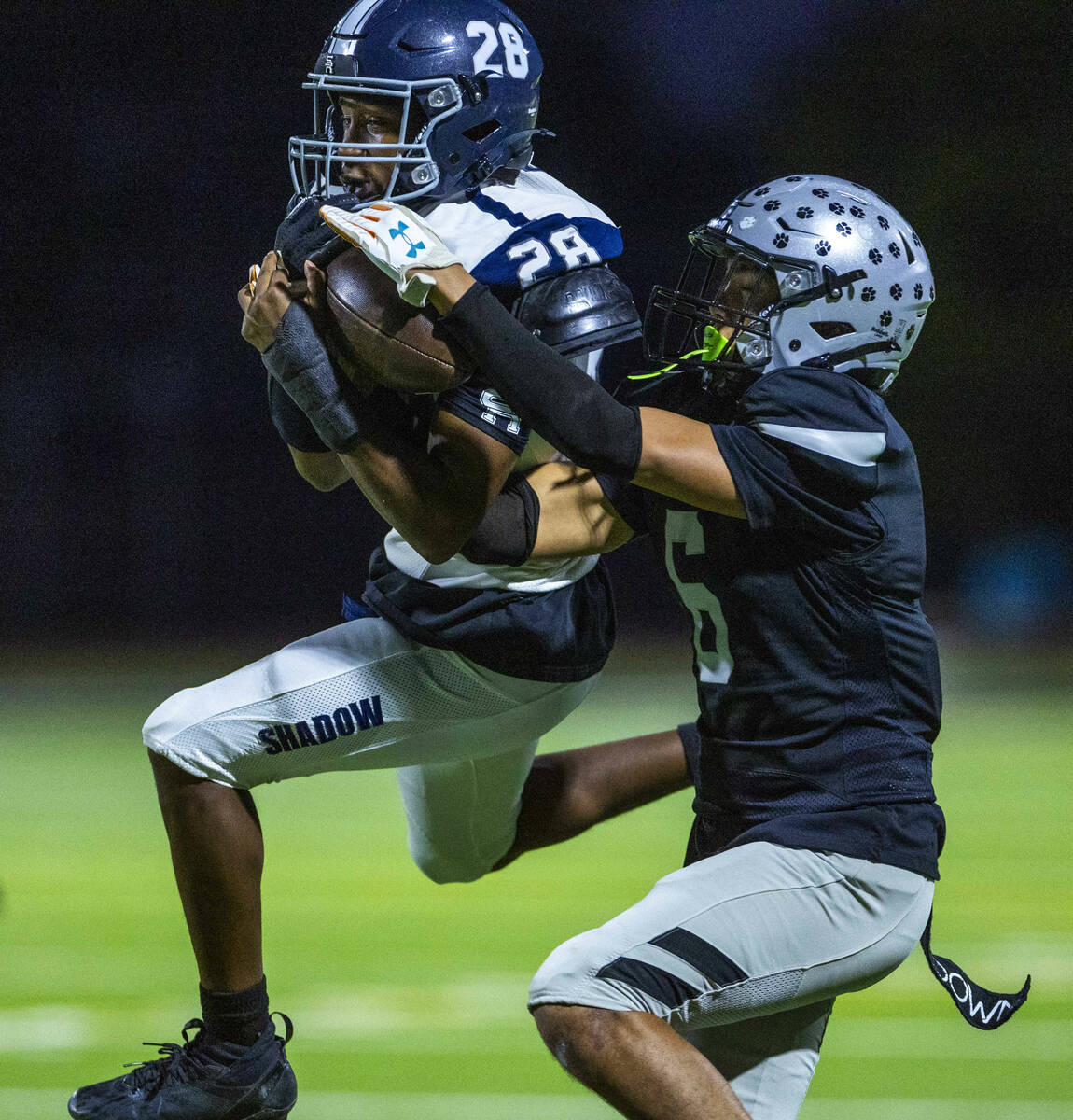 Shadow Ridge's Mujahid Gilliard (28) attempts an interception on a pass intended for Palo ...