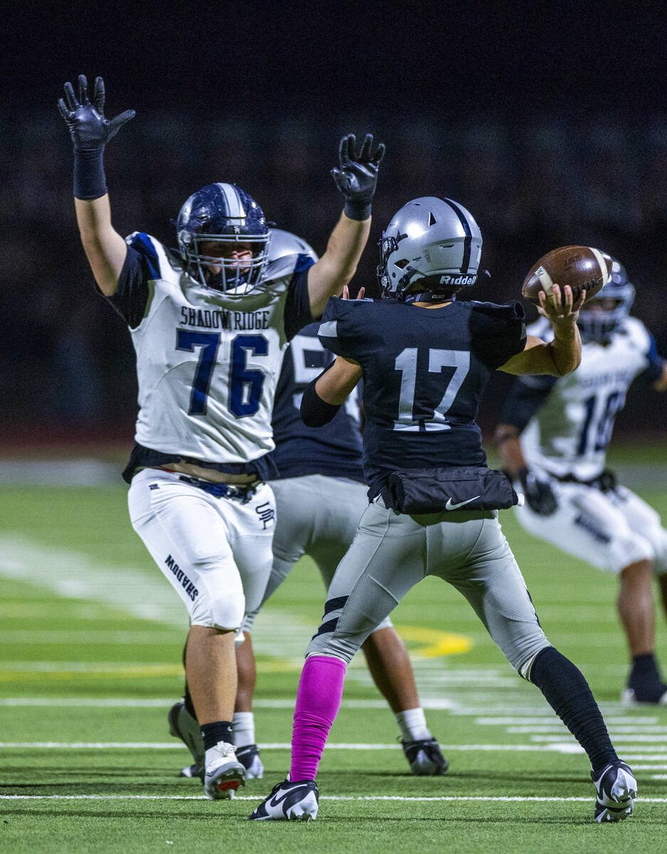 Shadow Ridge's Salvatore Verba (76) gets in the face of Palo Verde quarterback Joaquin Val ...