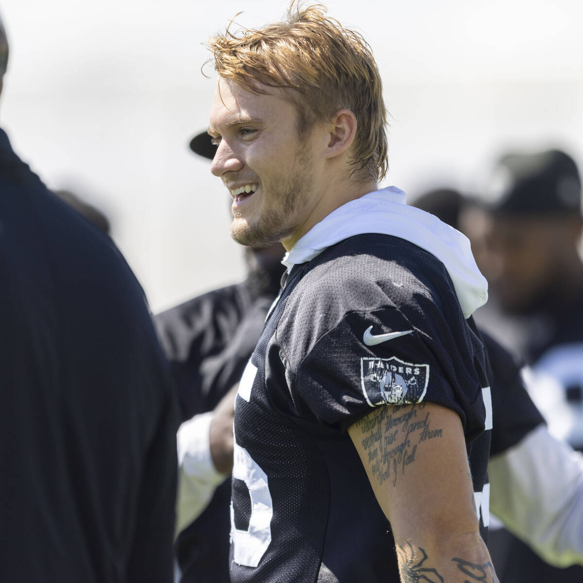 Raiders linebacker Cody Lindenberg (55) smiles during the team’s practice at the Intermo ...