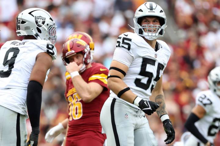 Las Vegas Raiders linebacker Cody Lindenberg (55) celebrates after Washington Commanders kicker ...