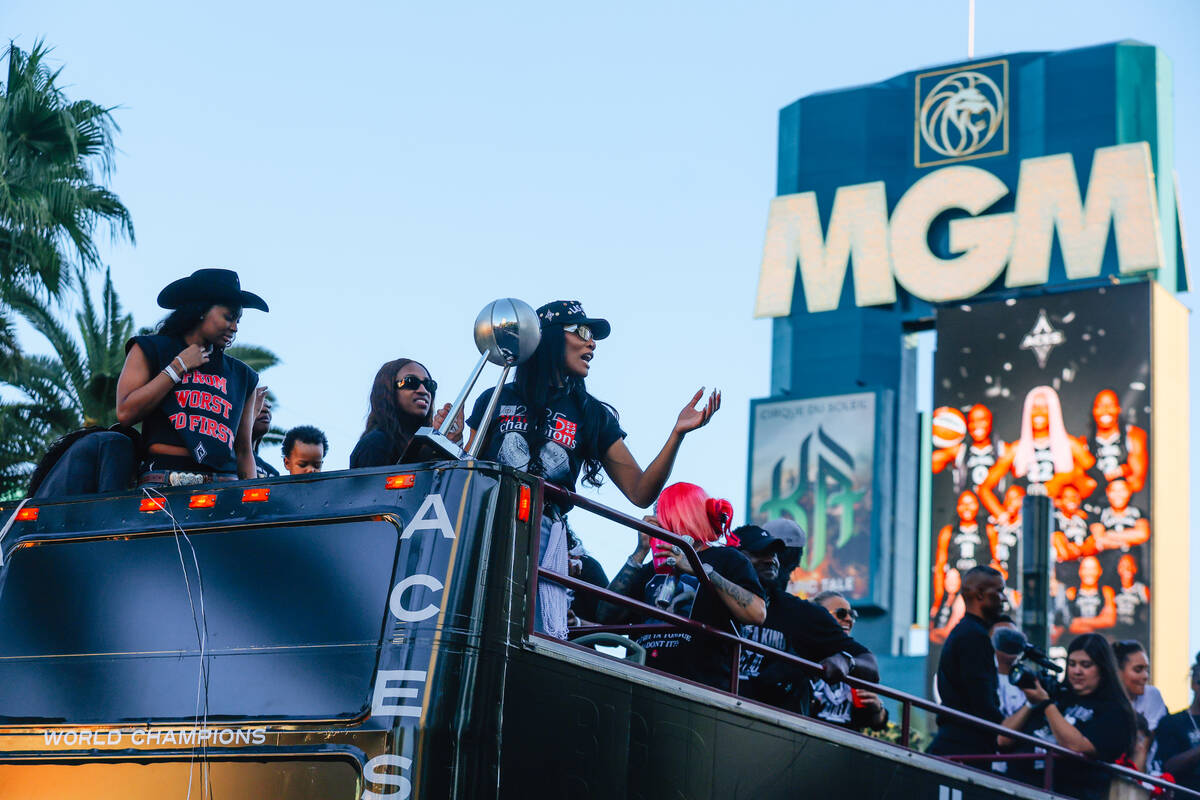 The Aces celebrate during their championship parade on the Strip Friday, Oct. 17, 2025, in Las ...