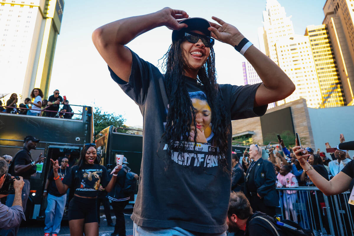 Aces center Kiah Stokes walks the red carpet during the Aces’ championship parade on the ...