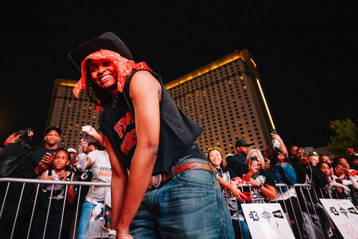 during the Aces’ championship parade on the Strip Friday, Oct. 17, 2025, in Las Vegas. ( ...