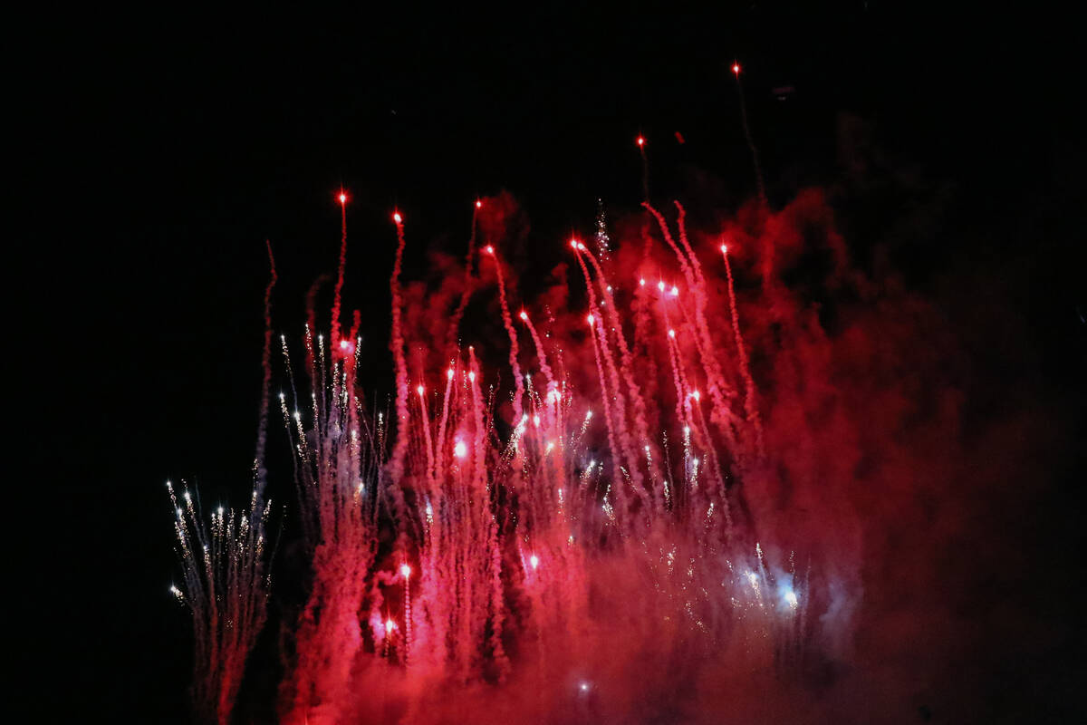 Fireworks go off during the Aces’ championship parade on Friday, Oct. 17, 2025 at Toshib ...