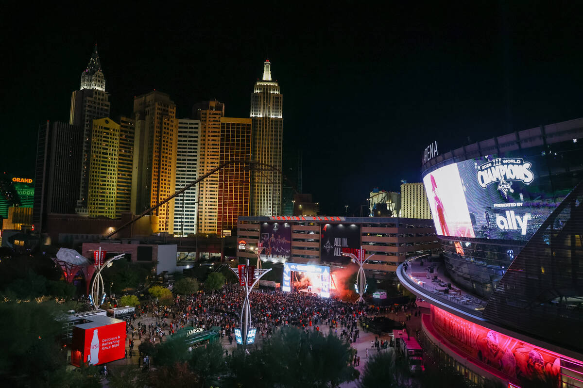 Fans party in Toshiba Plaza during the Aces’ championship parade on Friday, Oct. 17, 202 ...