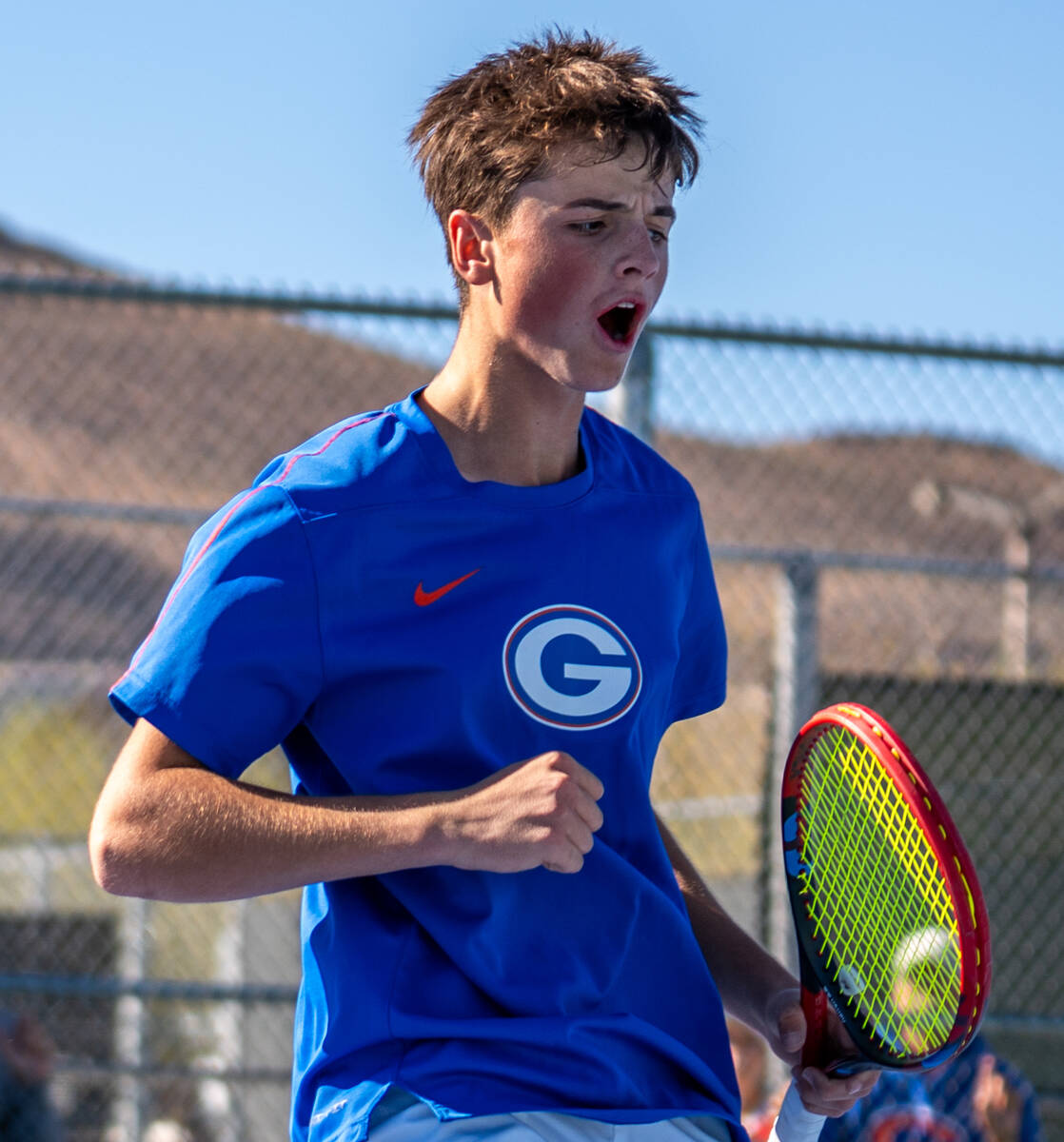 Bishop Gorman’s Lucas Rago celebrates after winning a point against Palo Verde’s ...