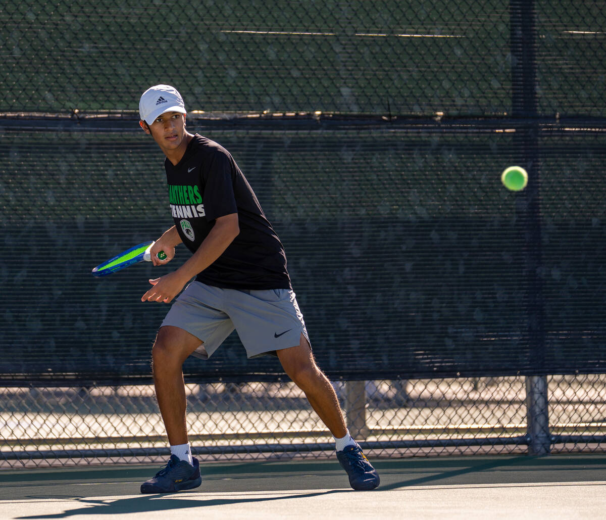 Palo Verde’s Balin Gupta returns the ball to Bishop Gorman’s Lucas Rago during th ...