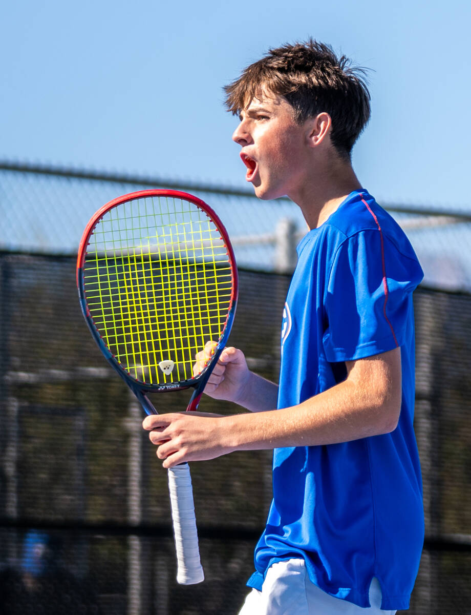 Bishop Gorman’s Lucas Rago celebrates after winning a point against Palo Verde’s ...