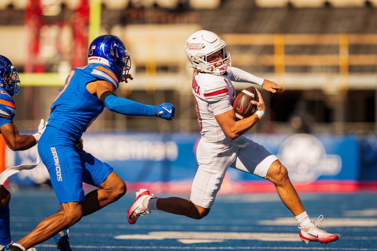UNLV quarterback Anthony Colandrea (10) scrambles during the game against Boise State on Saturd ...