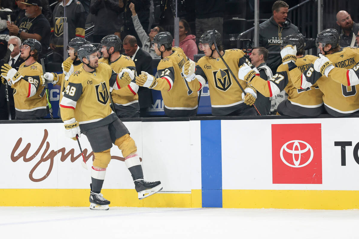 Vegas Golden Knights center Tomas Hertl (48) celebrates with teammates after scoring against th ...