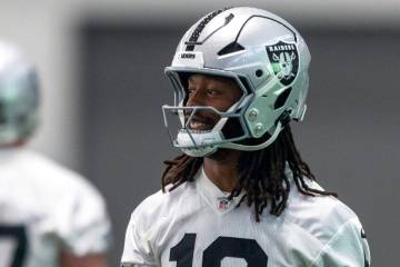 Raiders wide receiver Jakobi Meyers (16) smiles as he warms up during the team’s practic ...